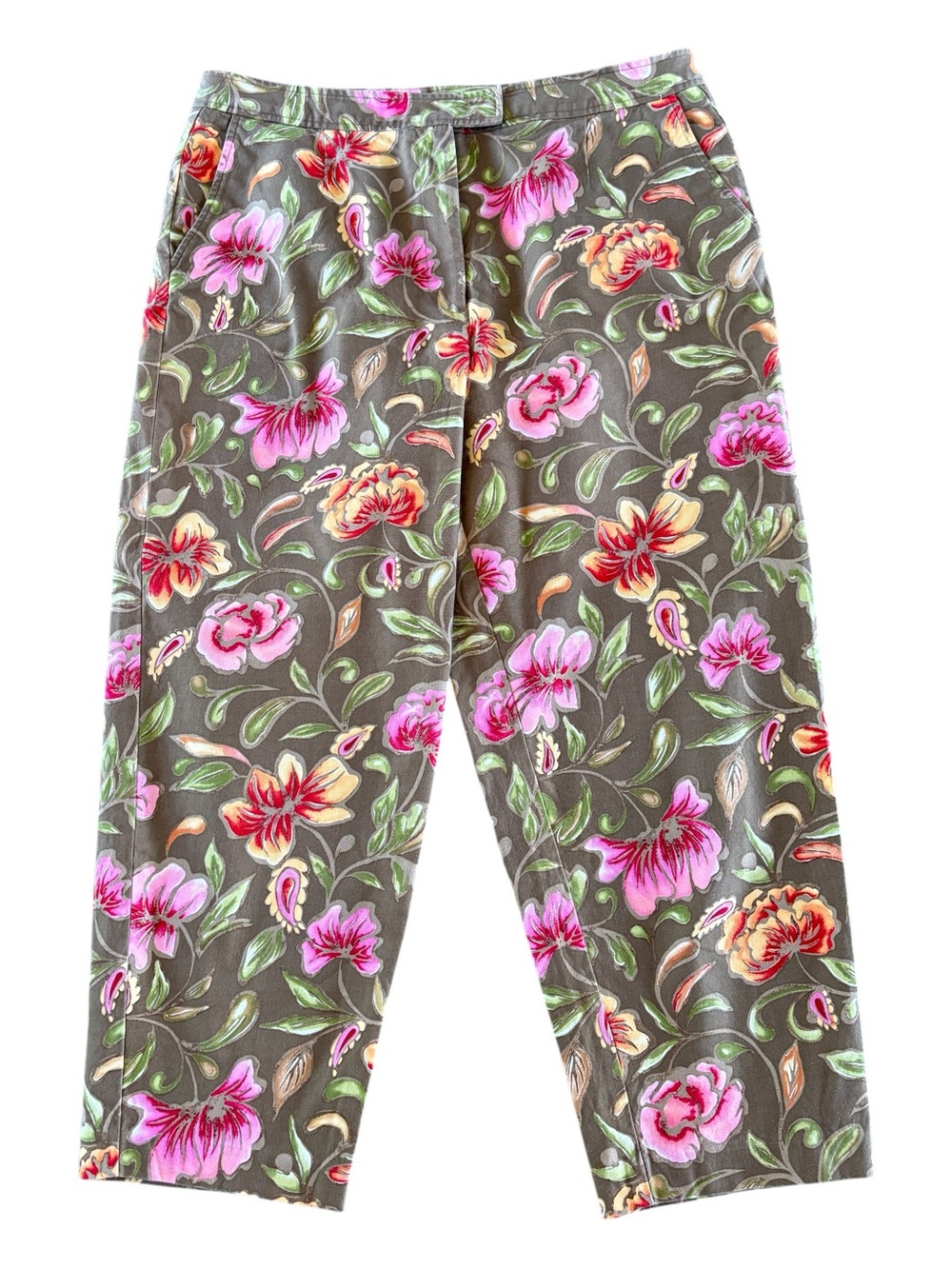 Talbots Sz 16 Cropped Comfort Stretch Capri Pants Floral Green Pink Cottagecore